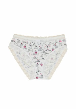 Cotton panties with a light cream background featuring a playful dog print in gray and pink, with lace trim around the waistband and legs.