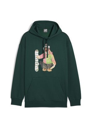 Grüne Baumwollkapuzenjacke mit einer vorderen Kängurutasche, die eine Grafik eines Charakters zeigt, der ein Snowboard in einem rosa und grünen Outfit hält.