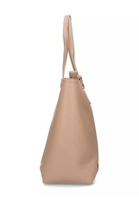 Borsa tote in pelle beige con una forma strutturata, manici allungati e hardware in tonalità oro alla base. Texture liscia con accenti minimi.