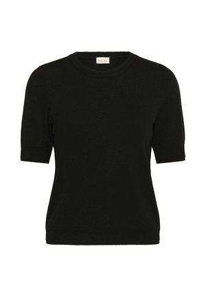 Schwarzer kurzärmeliger Pullover mit Rundhalsausschnitt, aus weichem Strickmaterial gefertigt. Hat ein einfaches, nahtloses Design und Rippdetails an den Bündchen.