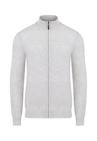 Jasnoszary sweter na zamek wykonany z dzianiny. Posiada wysoki kołnierz, ściągacze na rękawach i dolnym brzegu. Gładka tekstura z minimalnym wzorem.