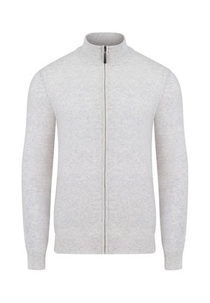 Jasnoszary sweter na zamek wykonany z dzianiny. Posiada wysoki kołnierz, ściągacze na rękawach i dolnym brzegu. Gładka tekstura z minimalnym wzorem.