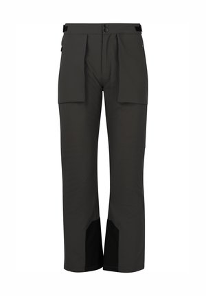 Vandafvisende sorte udendørsbukser med en løs pasform, der har to frontlommer, knaplukning og kontrasterende sorte detaljer ved kanten.