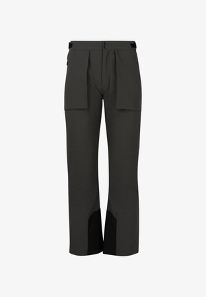Vandafvisende sorte udendørsbukser med en løs pasform, der har to frontlommer, knaplukning og kontrasterende sorte detaljer ved kanten.