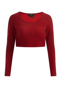 Rød cropped trøje med lange ærmer, lavet af et glat, skinnende stof. Har en rund halsudskæring og en tætsiddende design, ideel til lagdeling.