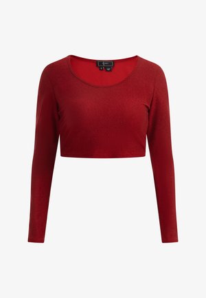 Rotes, langärmliges Crop-Top aus einem glatten, glänzenden Stoff. Hat einen runden Ausschnitt und eine figurnahe Passform, ideal für das Layering.