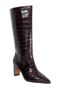 Knee-high burgundy leather boot with a glossy crocodile texture, pointed toe, and wide block heel. Features horizontal seam detail.