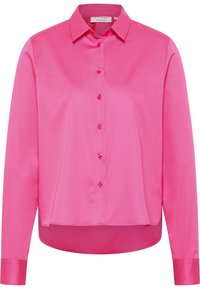 Pink satin shirt with a collar, long sleeves, button front, and a rounded hem. Features matching buttons and smooth texture.