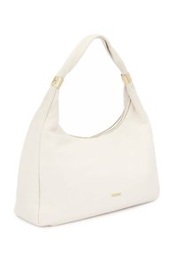 Κρεμ χρώματος μαλακή δερμάτινη τσάντα ώμου με καμπυλωτή λαβή και χρυσαφί μεταλλικές λεπτομέρειες.