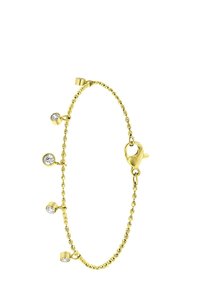 Gouden armband met een delicate ketting, voorzien van vier kleine, ronde, heldere edelstenen op intervallen en een klassiek sluiting met een kreeftensluiting voor een veilige sluiting.