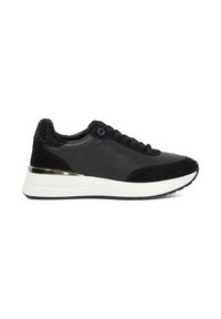 Black leather and suede sneaker with black laces, white thick sole, metallic gold heel accent, and small black decorative studs on the heel.