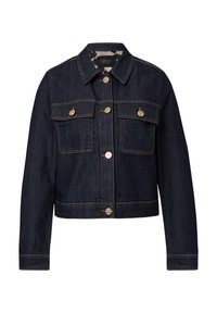 Tmavomodrá cropped bunda z denimu so zlatými gombíkmi, dvoma prednými vreckami a kontrastným prešívaním. Má klasický golier a čisté líny.