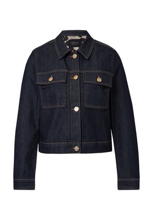 Giacca cropped in denim scuro con bottoni dorati, due tasche frontali e cuciture a contrasto. Presenta un colletto classico e linee pulite.