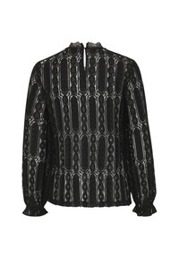 Blusa nera con un intricato motivo in pizzo che presenta accenti tondi in rilievo e un colletto alto, maniche lunghe con polsini arricciati e un'apertura a chiave sulla schiena.