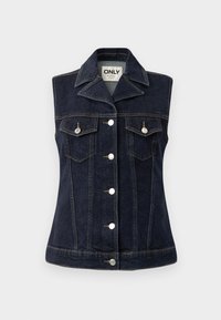 Jeans prsluk u tamnoplavoj boji s gumbima sprijeda, šiljastim ovratnikom, dva džepa na prsima i detaljima s dvostrukim šavom. Akcenti od srebrnog hardvera.