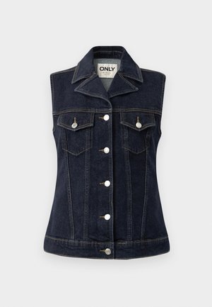 Denim vest in dark blue with a button front, pointed collar, two chest pockets, and double stitching details. Silver hardware accents.