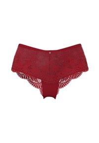 Rote Spitzenunterwäsche mit filigranen Blumenmustern, geschwungenen Kanten und einem glatten Innenfutter. Zentraler Metallakzent an der Vorderseite.