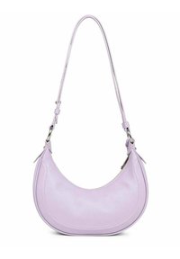 Borsa a tracolla in pelle lilla con forma curva e una sola strap. Presenta cuciture sottili e una texture liscia.