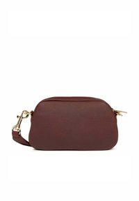 Borsa a tracolla in pelle marrone con una texture liscia, forma arrotondata, chiusura con zip e accessori in tonalità oro. Include una tracolla regolabile.