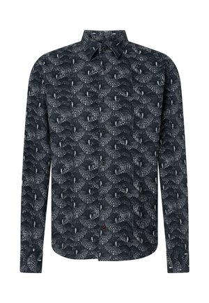 Long-sleeve black button-up shirt with a repeating pattern of dark peacocks across the fabric.
