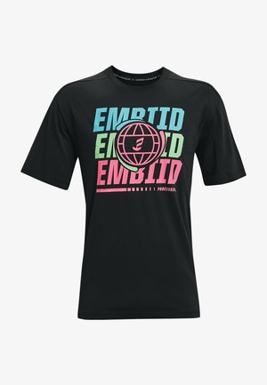 Black Under Armour T-shirt with the word "EMBIID" in blue, green, and pink letters and a pink globe graphic in the center.