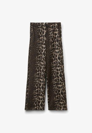 Wijd uitlopende broek met luipaardprint in bruin en crème, gemaakt van zacht materiaal met een elastische tailleband en een rechte snit.