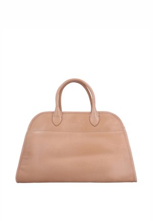 Beige Ledertasche mit abgerundeten oberen Kanten und doppelten Schlaufenhenkeln, glatter Oberfläche, minimalen Nähten und ohne sichtbare Verschlüsse.