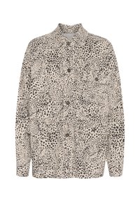 Camisa beige de botón con un estampado de leopardo negro, dos bolsillos frontales y un diseño de cuello clásico.