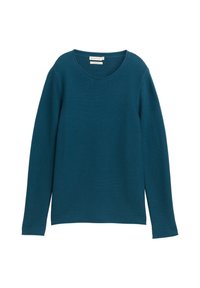 Tee-farbener Pullover mit langen Ärmeln aus Strick mit Rippstruktur, runder Ausschnitt und geradem Saum. Leichter Stoff mit glatter Oberfläche.