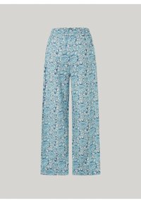 Světle modré široké kalhoty s květinovým vzorem v různých odstínech modré a bílé. Elastický pas; hladký povrch.