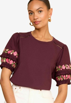 EMBROIDERED SHORT PUFF SLEEVE REGULAR FIT - Tričko s potlačou - red