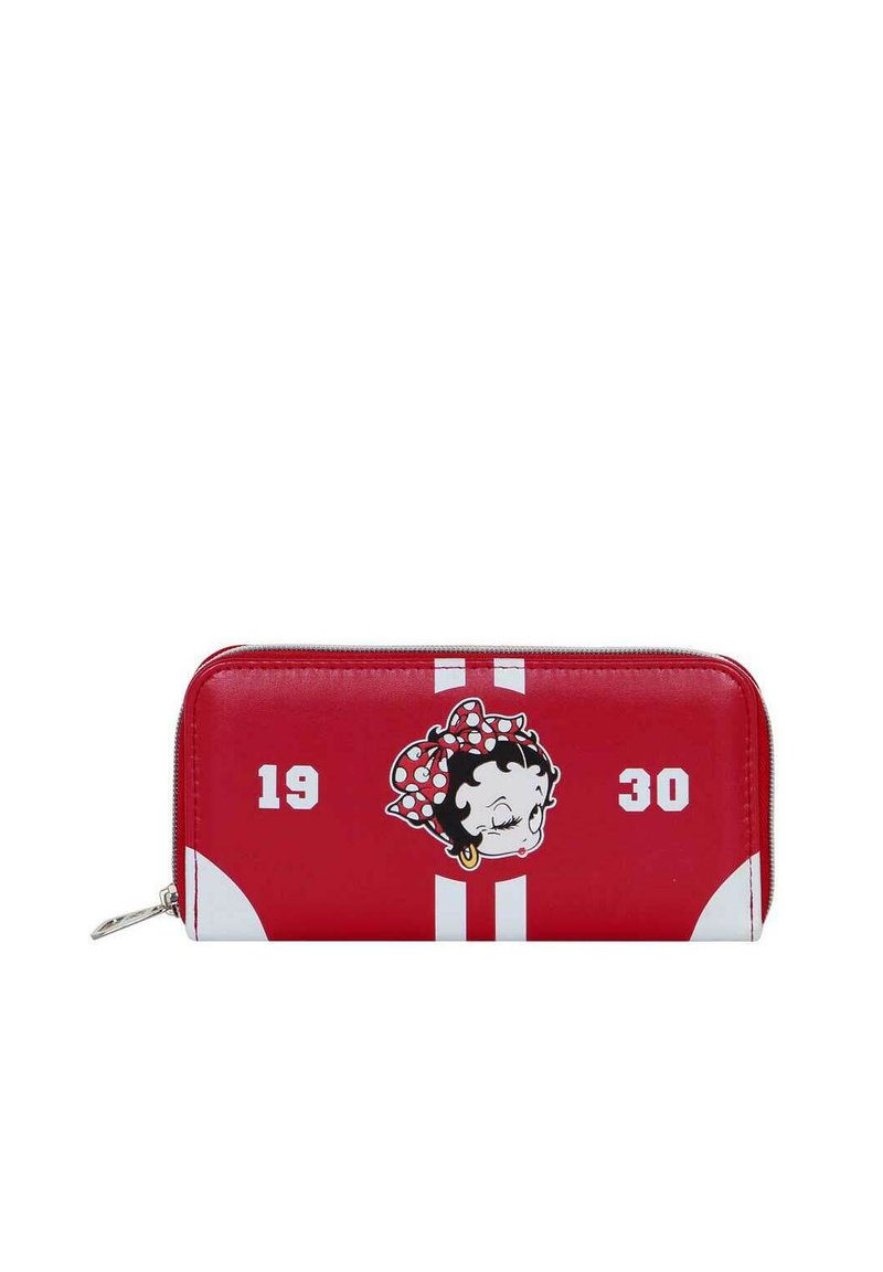 Portefeuille en simili cuir rouge avec des rayures blanches et un graphique d'un personnage avec un nœud à pois. Affiche les chiffres "19" et "30".