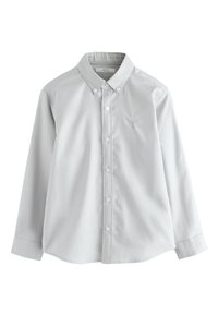 Lichtgrijs overhemd met lange mouwen en een button-down kraag, voorzien van een knoopsluiting aan de voorkant en een klein geborduurd logo op de borst.