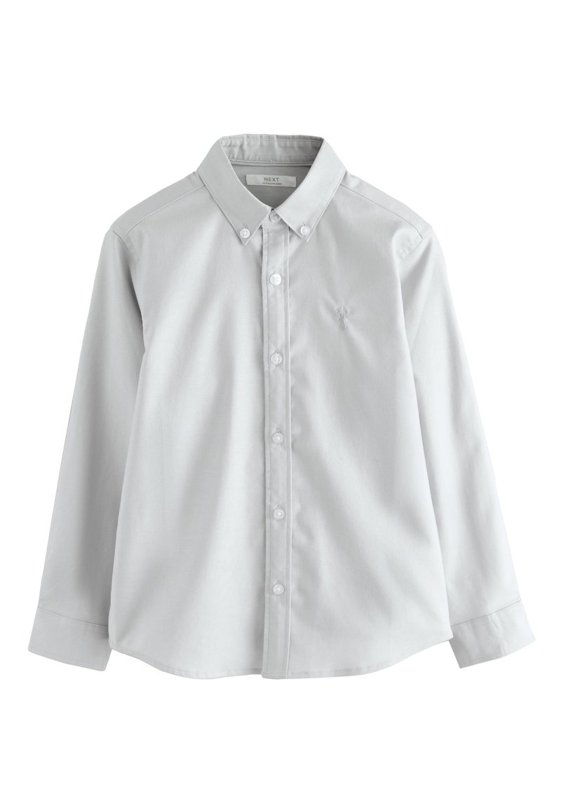 Lichtgrijs overhemd met lange mouwen en een button-down kraag, voorzien van een knoopsluiting aan de voorkant en een klein geborduurd logo op de borst.