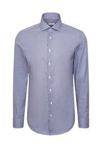 Lichtblauw heren overhemd met lange mouwen, knoopsluiting aan de voorkant, opstaande kraag en subtiel gestructureerd patroon.