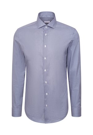Lichtblauw heren overhemd met lange mouwen, knoopsluiting aan de voorkant, opstaande kraag en subtiel gestructureerd patroon.