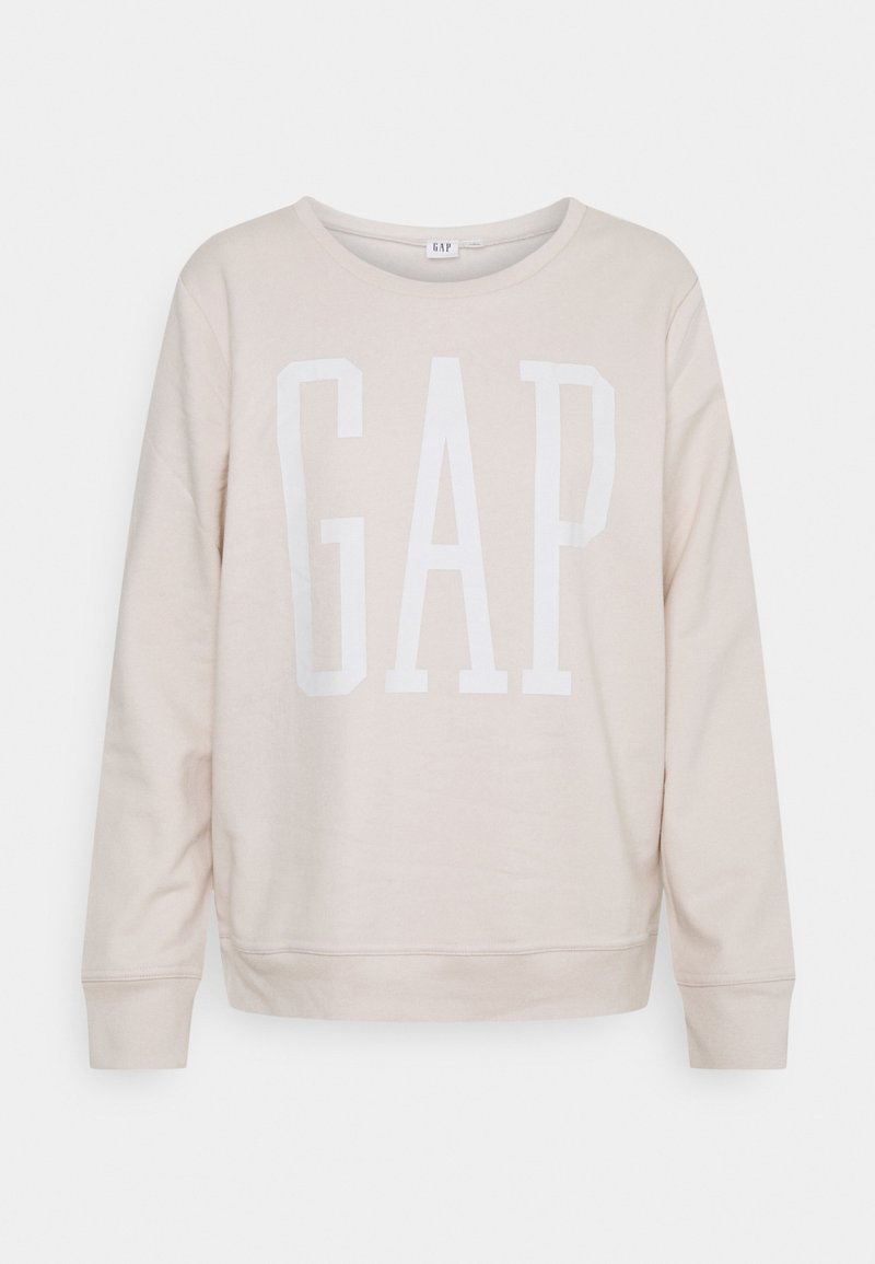 Hellbeige langärmliger Sweatshirt mit großen weißen "GAP"-Buchstaben, die über die Brust gedruckt sind, Rundhalsausschnitt und gerippten Bündchen sowie Saum.