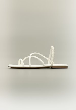 Balta plakana sandale ar plānām krustveida siksnām un potītes siksnu, attēlota uz neitrālas krāsas fona.