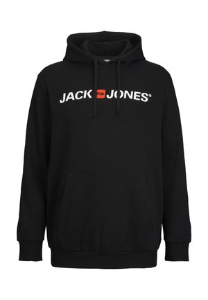 Black hoodie with a front pocket, drawstring hood, and white text "JACK & JONES" logo, featuring a red accent in the letter "e".