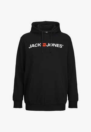 Felpa nera con cappuccio e tasca frontale, con cordini per il cappuccio e logo in bianco "JACK & JONES", caratterizzato da un accento rosso nella lettera "e".