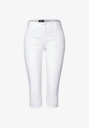 Pantalones capri de mezclilla blanca con cierre delantero de botón, diseño de cinco bolsillos y una textura suave. Con dobladillo a la altura de la mitad de la pantorrilla.