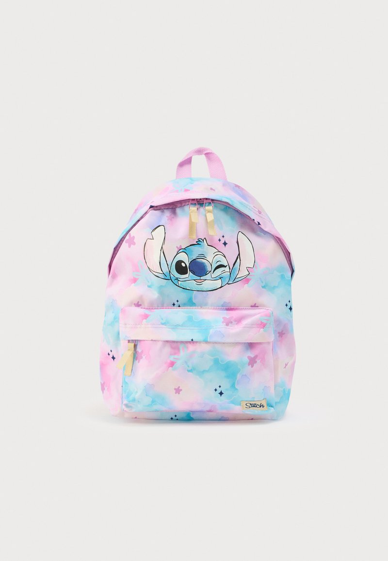 Mehrfarbiger Rucksack mit einem pastellfarbenen Aquarelldesign. Mit einem gestickten Cartoon-Charakter, einer Fronttasche und verstellbaren Riemen.