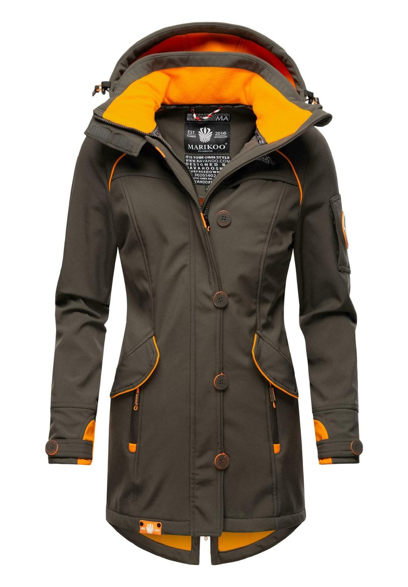 Brown waterproof jacket with orange accents, featuring a hood, double buttons, two side pockets, and a fleece-lined interior.