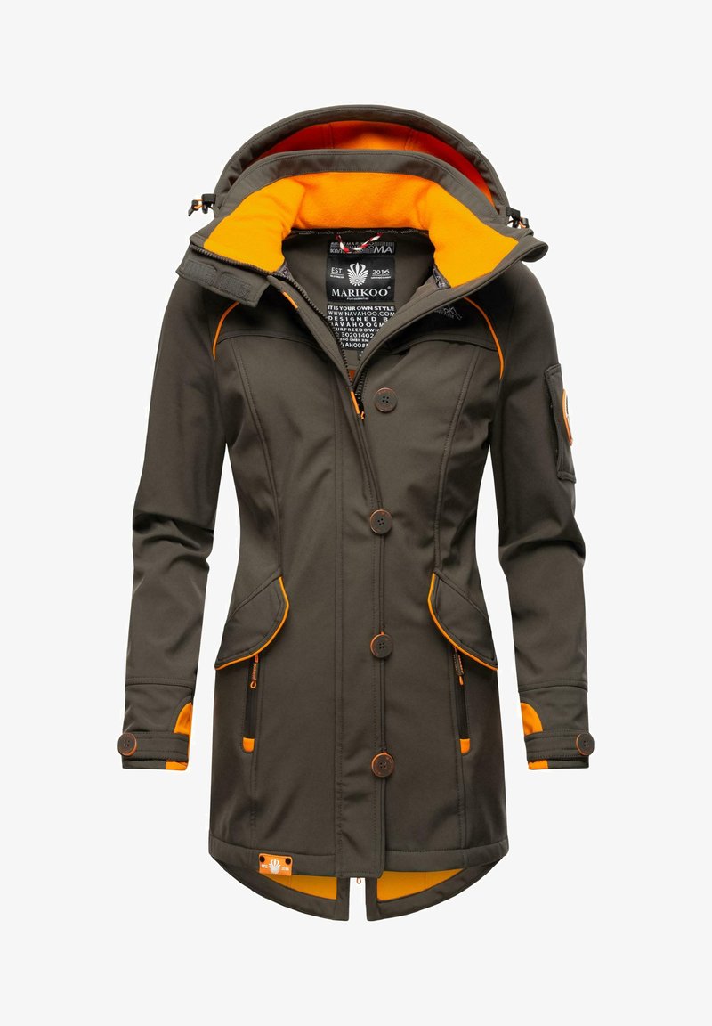 Brązowa wodoodporna kurtka z pomarańczowymi akcentami, z kapturem, podwójnymi guzikami, dwiema bocznymi kieszeniami i wnętrzem wyłożonym polarem.