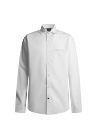 Witte shirt met lange mouwen en een knoopsluiting bij de kraag, voorzien van een blauwe accentknop en een reliëflogo op de borst. Glad stofstructuur.