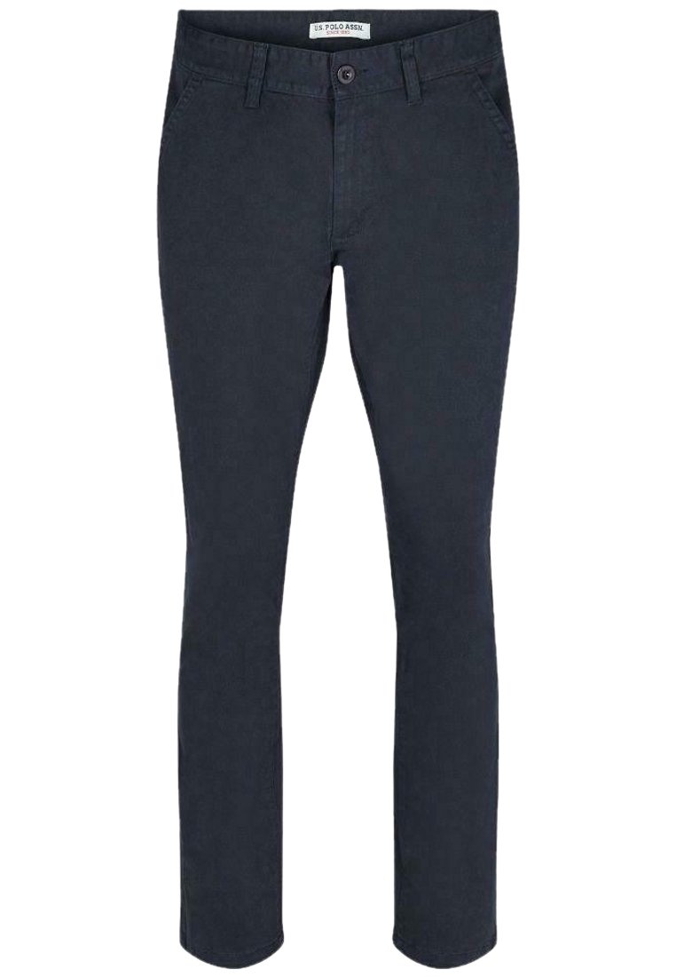 Pantalon en coton marine avec une coupe slim, fermeture à un bouton, passants de ceinture et poches avant. Texture lisse sans motifs visibles.