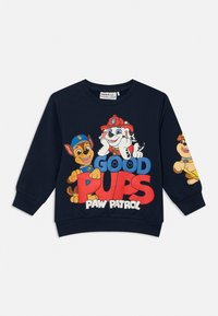 Felpa blu navy in cotone con personaggi di cani dei cartoni animati e la scritta "GOOD PUPS PAW PATROL" in rosso e blu.