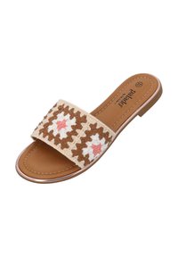 Sandal in tessuto a slip-on con un motivo marrone, crema e rosa sulla tomaia, suola color beige e tacco minimo.
