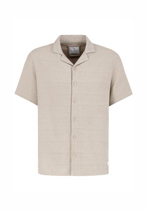 Beige strukturiertes Kurzarm-Hemd mit Knopfleiste, Camp-Kragen und fünf Knöpfen vorne.