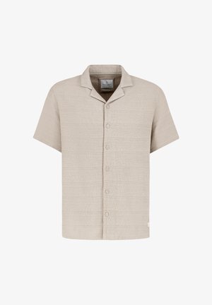 Beige strukturiertes Kurzarm-Hemd mit Knopfleiste, Camp-Kragen und fünf Knöpfen vorne.